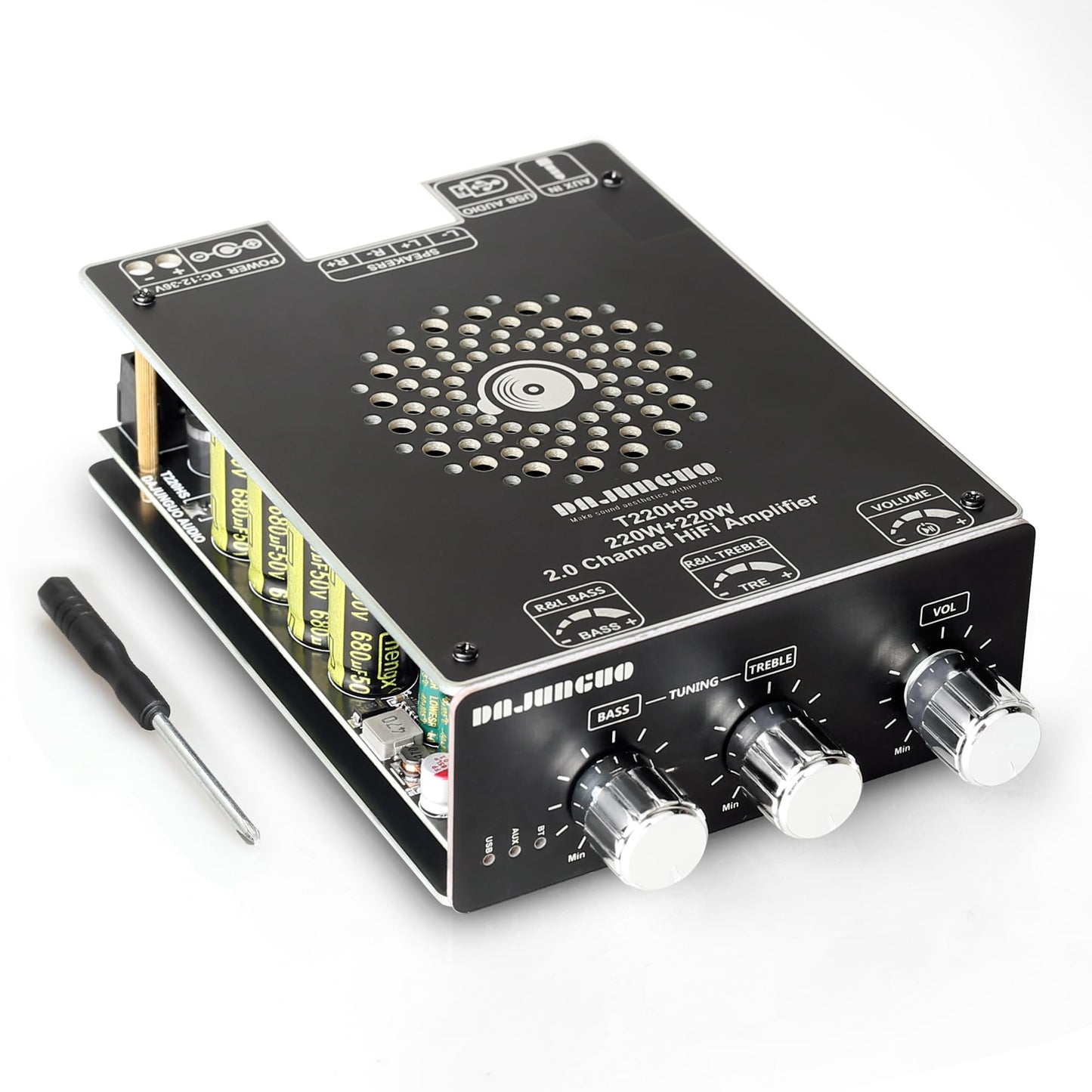 T220HS 220W+220W Bluetooth Amplifier Board with Treble and Bass Control 2.0 Channel Stereo AMP Board DC 12-36VBluetooth/AUX/USB Input